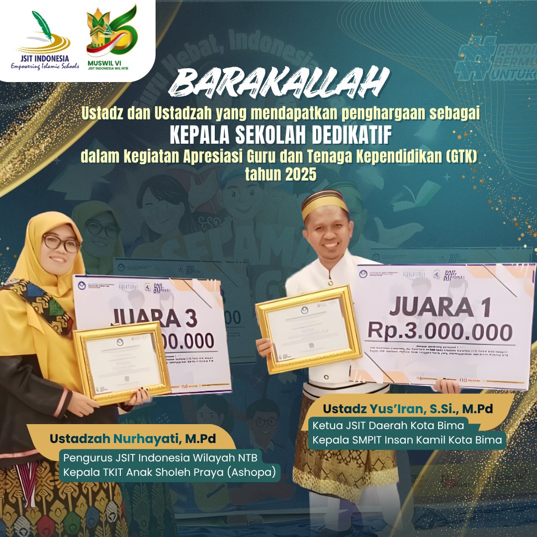 jsitntb's tweet photo. Barakallah ustadz Yus'iran, https://t.co/TnjOnAPBzQ., M.Pd dan Ustadzah Nurhayati, M.Pd atas prestasi membanggakan sebagai Kepala Sekolah Dedikatif dalam kegiatan Apresiasi Guru dan Tenaga Kependidikan (GTK) tahun 2025

semoga bisa menjadi pemantik bagi guru &amp; kepsek di SIT NTB https://t.co/MCBcVRCfIs