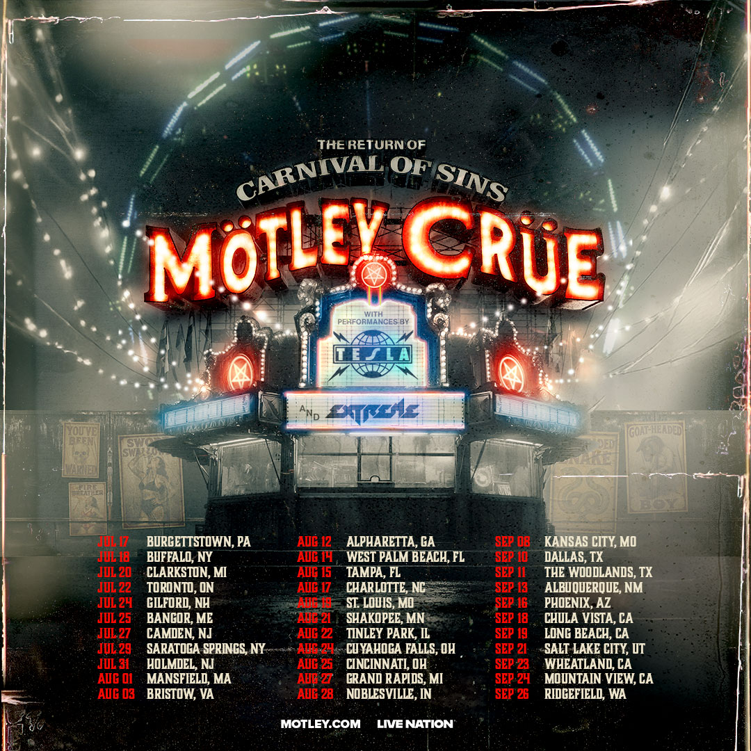 MotleyPeru's tweet photo. Reel promocional de "Carnival Of Sins" 2026 de Mötley Crüe con Tesla y Extreme, conmemorando los 20 años de la gira reunión y los 45 años de la banda. Por ahora son 33 fechas solo en los Estados Unidos.
#MotleyCrue #CarnivalOfSins #MotleyCrueOnTour2026 #Tesla #Extreme #MotleyPeru https://t.co/df5IZwRNTC