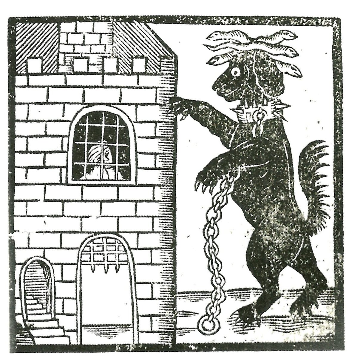 archaeologyart's tweet photo. The Black Dog of Newgate, frontispiece woodcut from Luke Huttons pamphlet The Discovery of a London Monster called the Blacke Dogg of Newgate. Printed in London, England. Date: late 16th to early 17th century AD, with a known edition of 1638. Medium: woodcut print on paper. Collection: Guildhall Library, London.