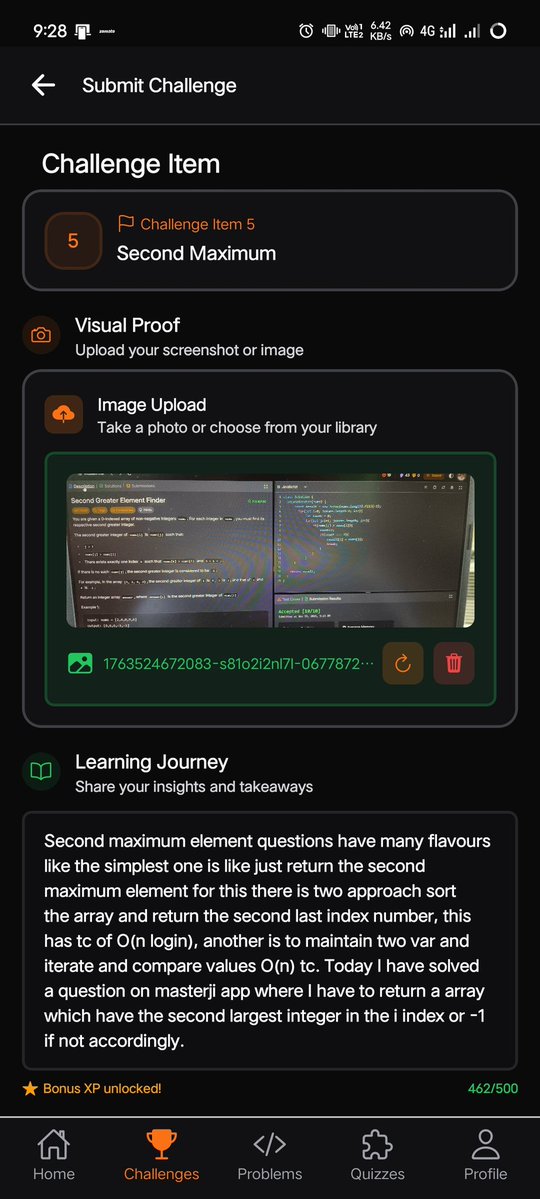 iamabhishek012's tweet image. #Day5 of #30DaysCodingChallenge
DSA with Java (Part-2) on Masterji app
Today solved a question based on second maximum element 
Learning one step at a time.
@Hiteshdotcom @ChaiCodeHQ