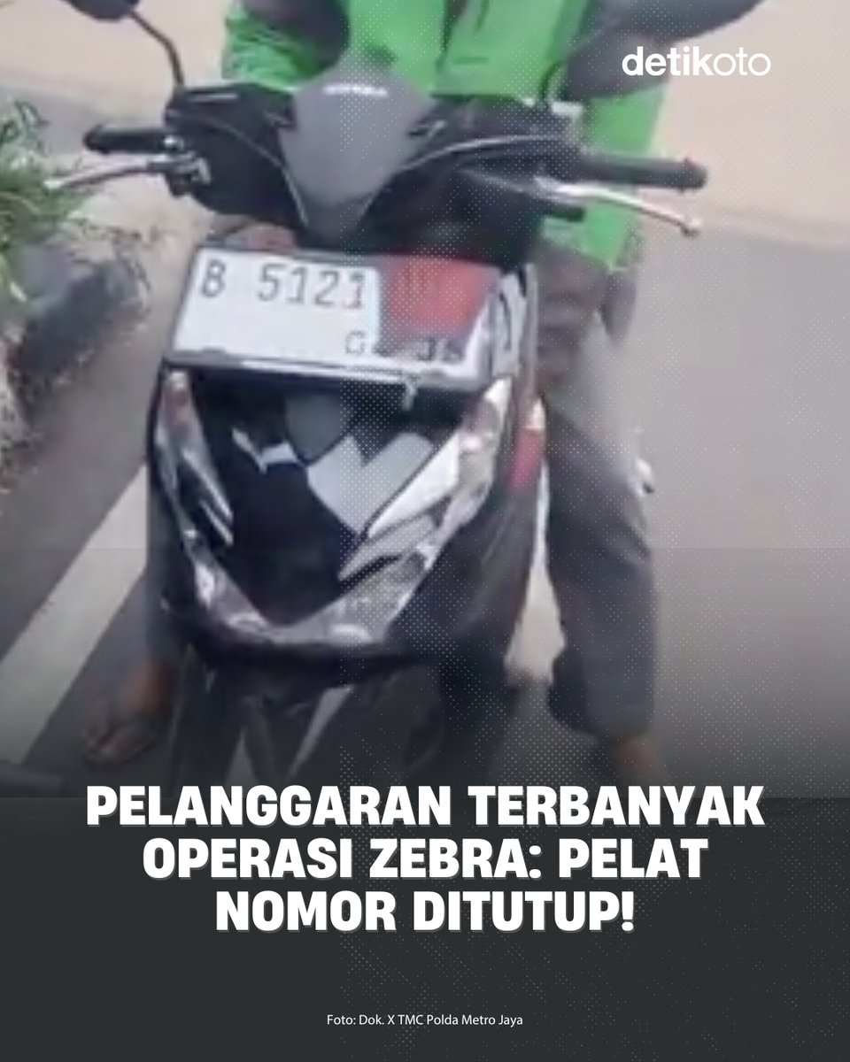 detikoto's tweet photo. Operasi Zebra sedang berlangsung secara nasional dari 17 hingga 30 November 2025. Hari pertama ditemukan pelanggaran paling banyak menutup pelat nomor di Jakarta Barat! π±πβ£
>> https://t.co/xhpI630Xfo
β£
#detikOto #OperasiZebra https://t.co/OsCJJCSyjU