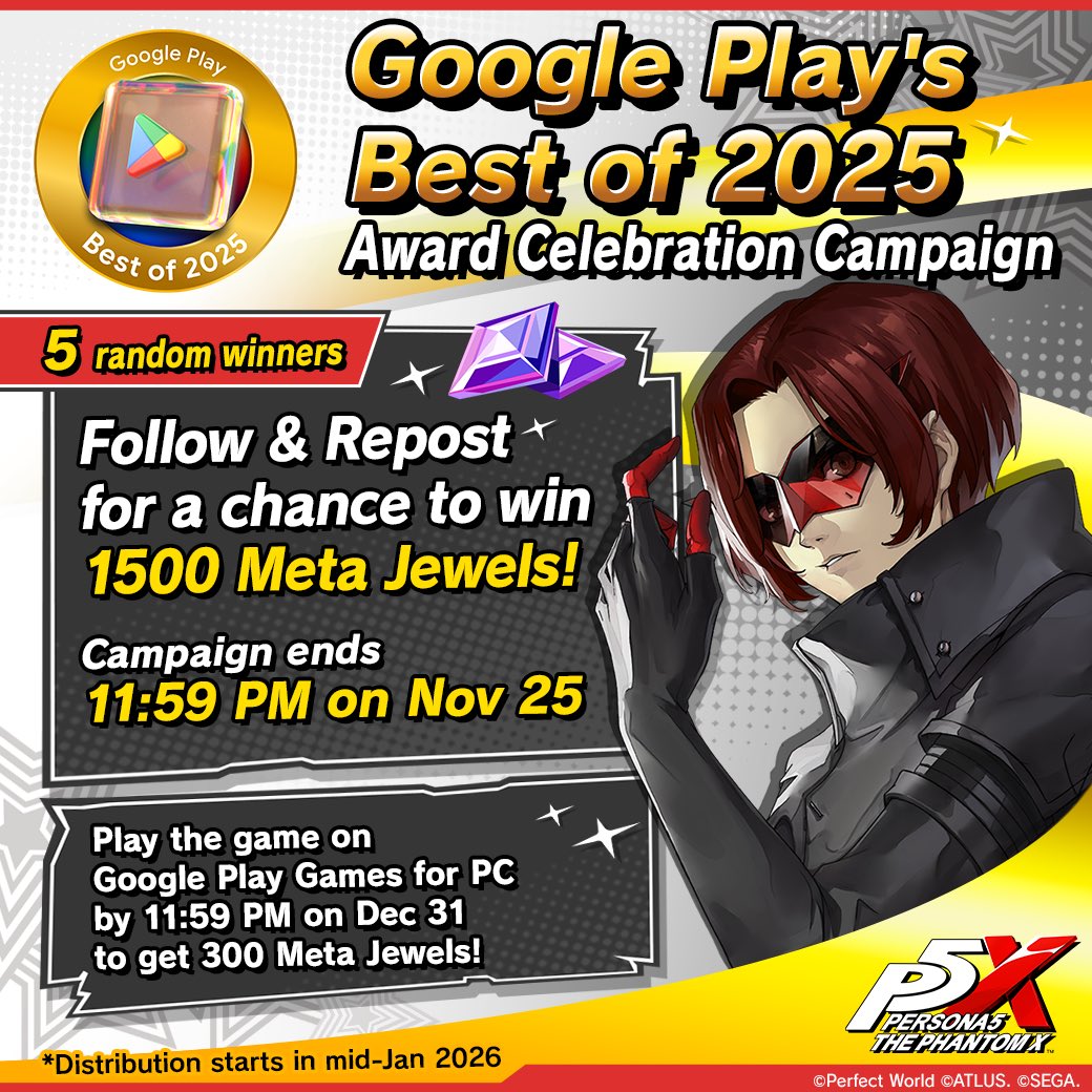 It's time to celebrate winning a Google Award! 🦉
Enter and win with our 'Google Award Giveaway Campaign'!

➀ Follow <a href="/P5XOfficialWest/">Persona5: The Phantom X (Official West)</a>
➁ Repost this Post

Five winners will receive 1500 Meta Jewels in #P5X! 💎