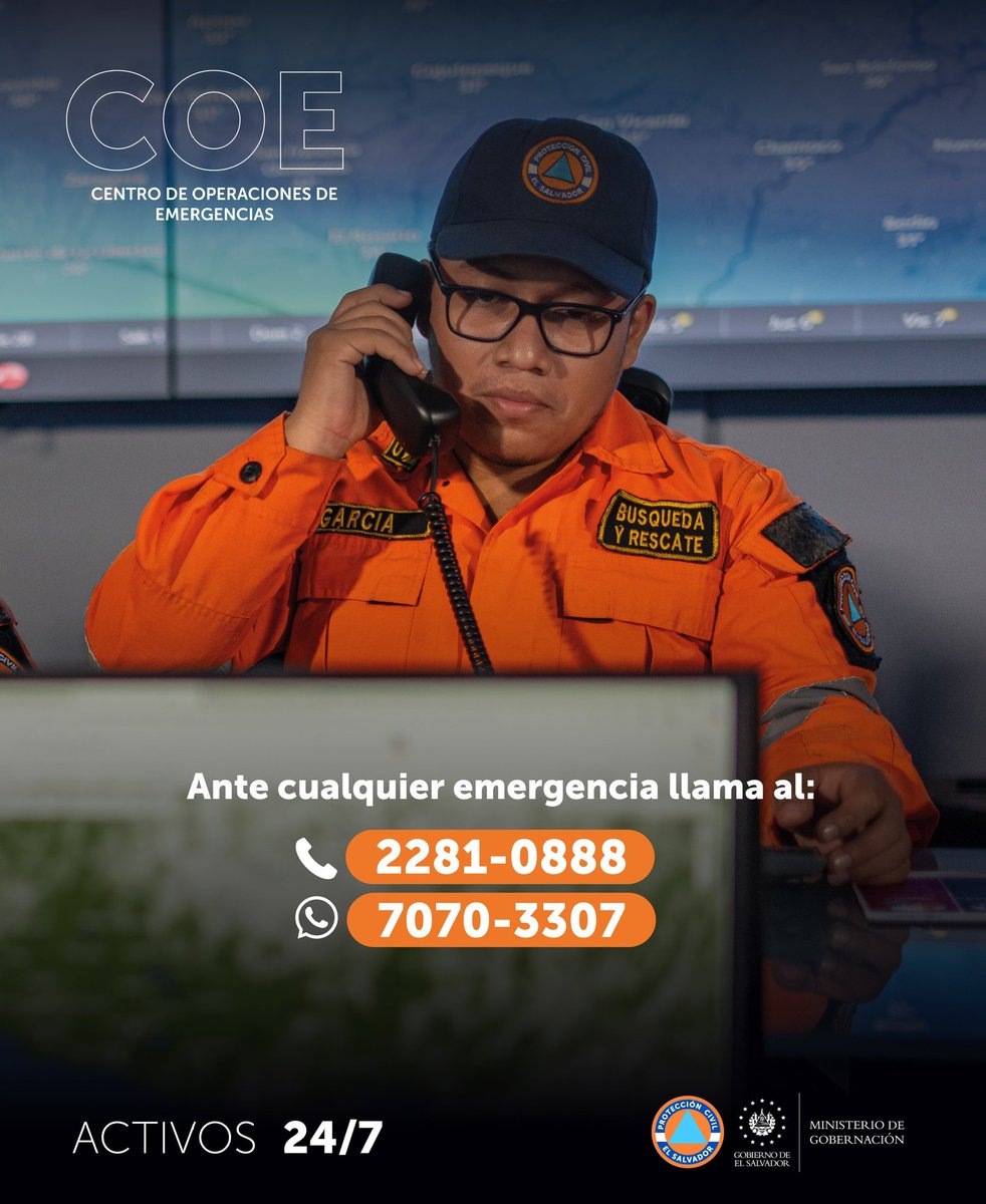 PROCIVILSV's tweet image. 🚨 Ante el sismo sentido hace unos minutos, nuestro Centro de Operaciones de Emergencias está activo para coordinar cualquier incidente en todo el territorio.

#SismoSV

Para reportar emergencias:
📞2️⃣2️⃣8️⃣1️⃣-0️⃣8️⃣8️⃣8️⃣
📱7️⃣0️⃣7️⃣0️⃣-3️⃣3️⃣0️⃣7️⃣