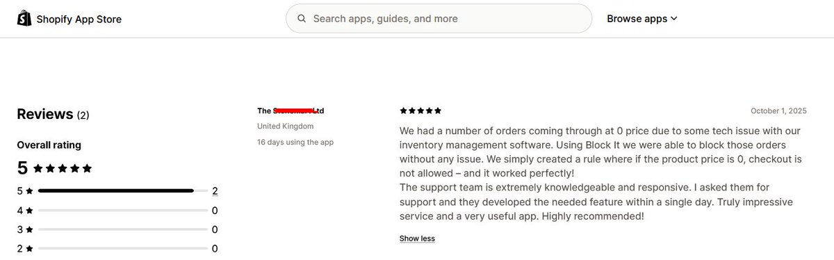 We blocked $0 price orders on <a href="/Shopify/">Shopify</a> 🚫 using our #Blockit Shopify app!

Here’s what our happy users are saying!

Thank for the feedback!

Try Free: apps.shopify.com/blockit-checko… 

#Checkout #Shopify #FakeOrder #Validation