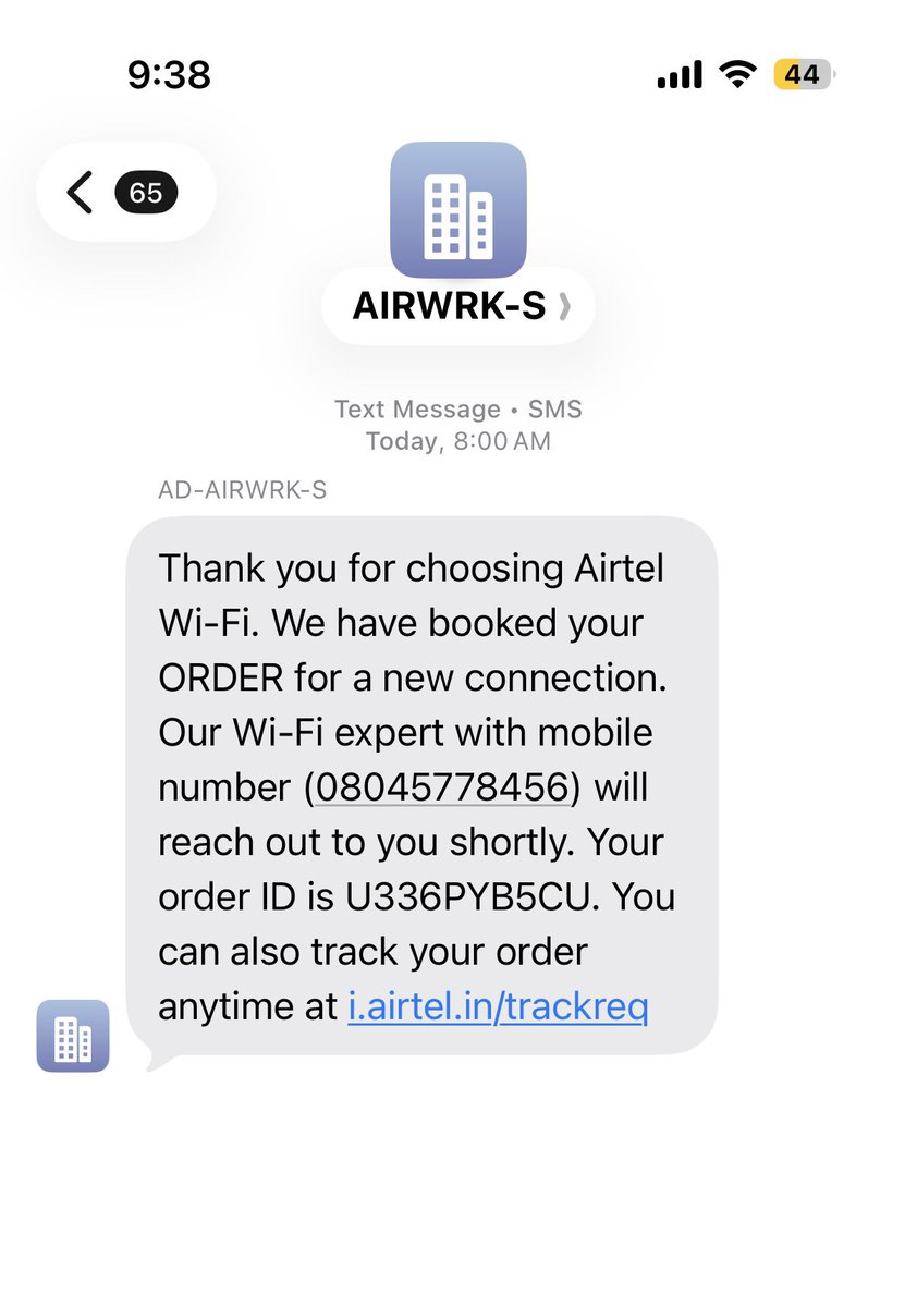 sdbalaji's tweet photo. @Airtel_Presence @airtelindia 

A random person from airtel calls me and books a wifi connection. I have not even expressed any interest for new connection, why did this person book a new connection?

The number in the message was the person who had booked. Look into this please. https://t.co/oAVgoRLD9s