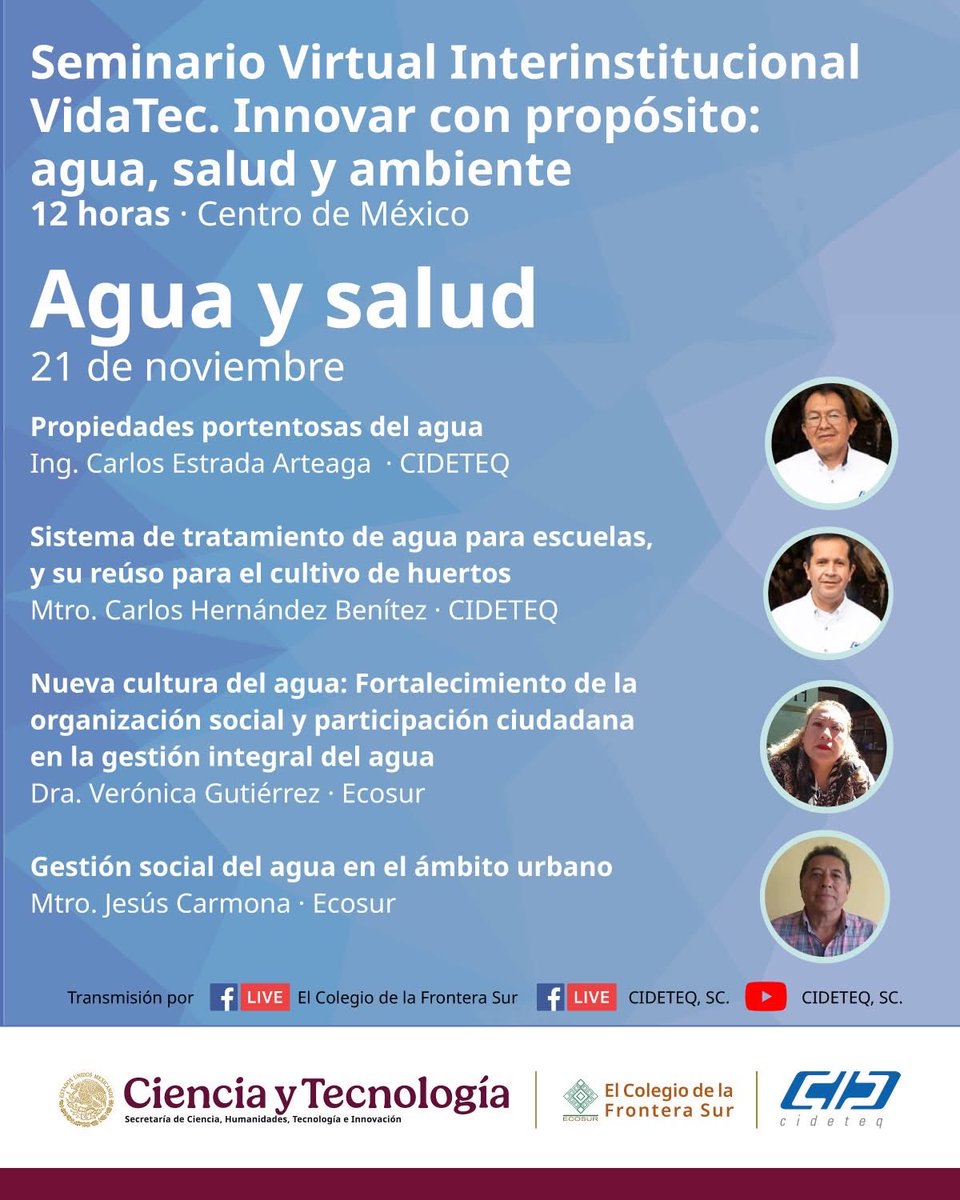 CIDETEQ's tweet image. 💧 Este 21 de noviembre continúa el Seminario Interinstitucional #VidaTec con el capítulo #Agua y #Salud.

⏰ 12:00 h · En vivo por @ecosurmx y #CIDETEQ.

¡Acompáñanos! 💧
