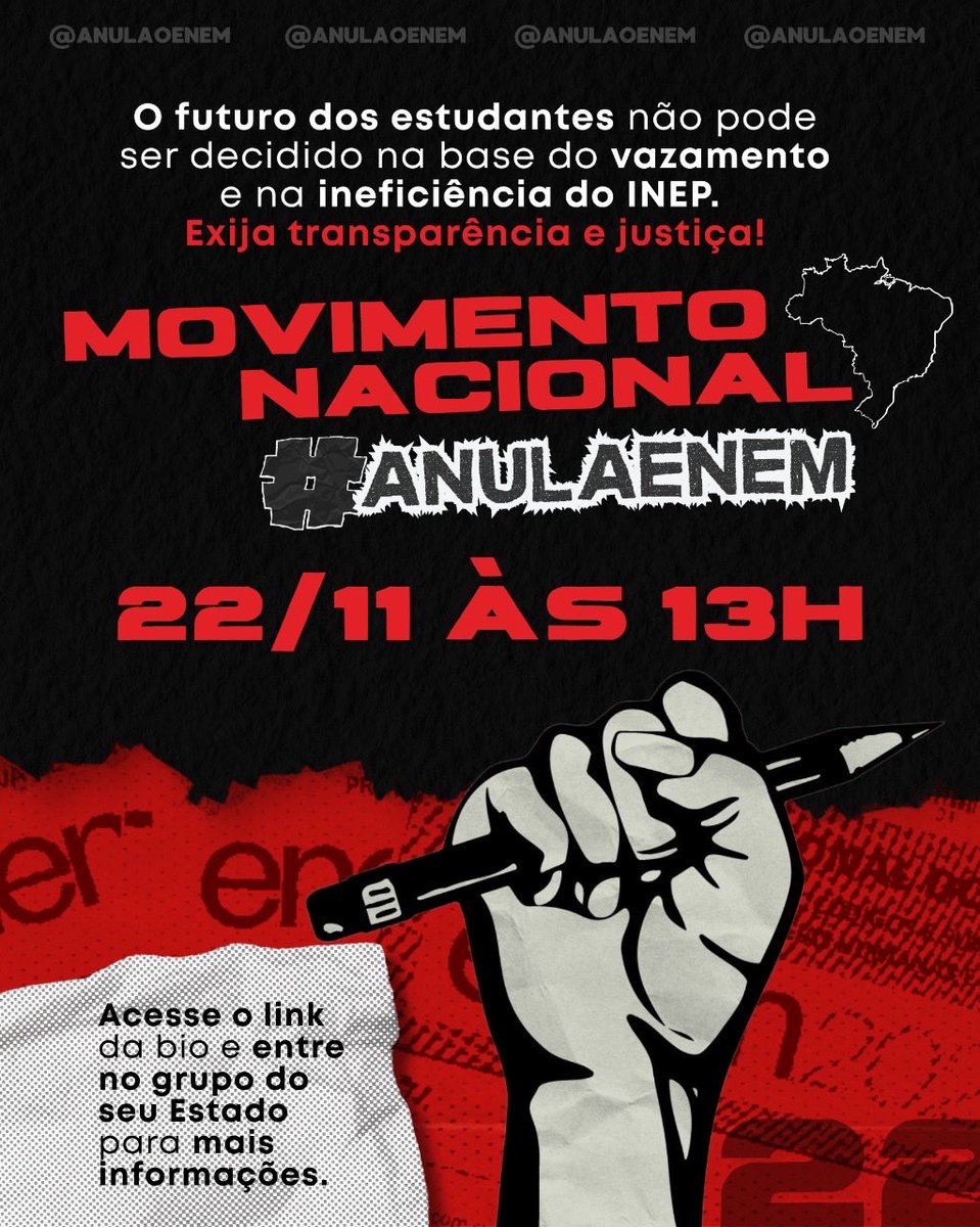 camilysa01's tweet image. 📢 Atualização importante!

Depois de muito discutir e considerar os vestibulares e a rotina dos estudantes, definimos o protesto nacional para dia 22, às 13h. Escolhemos essa data pra não prejudicar ninguém.

Agora é com a gente: compartilhem e divulguem! ✊📚