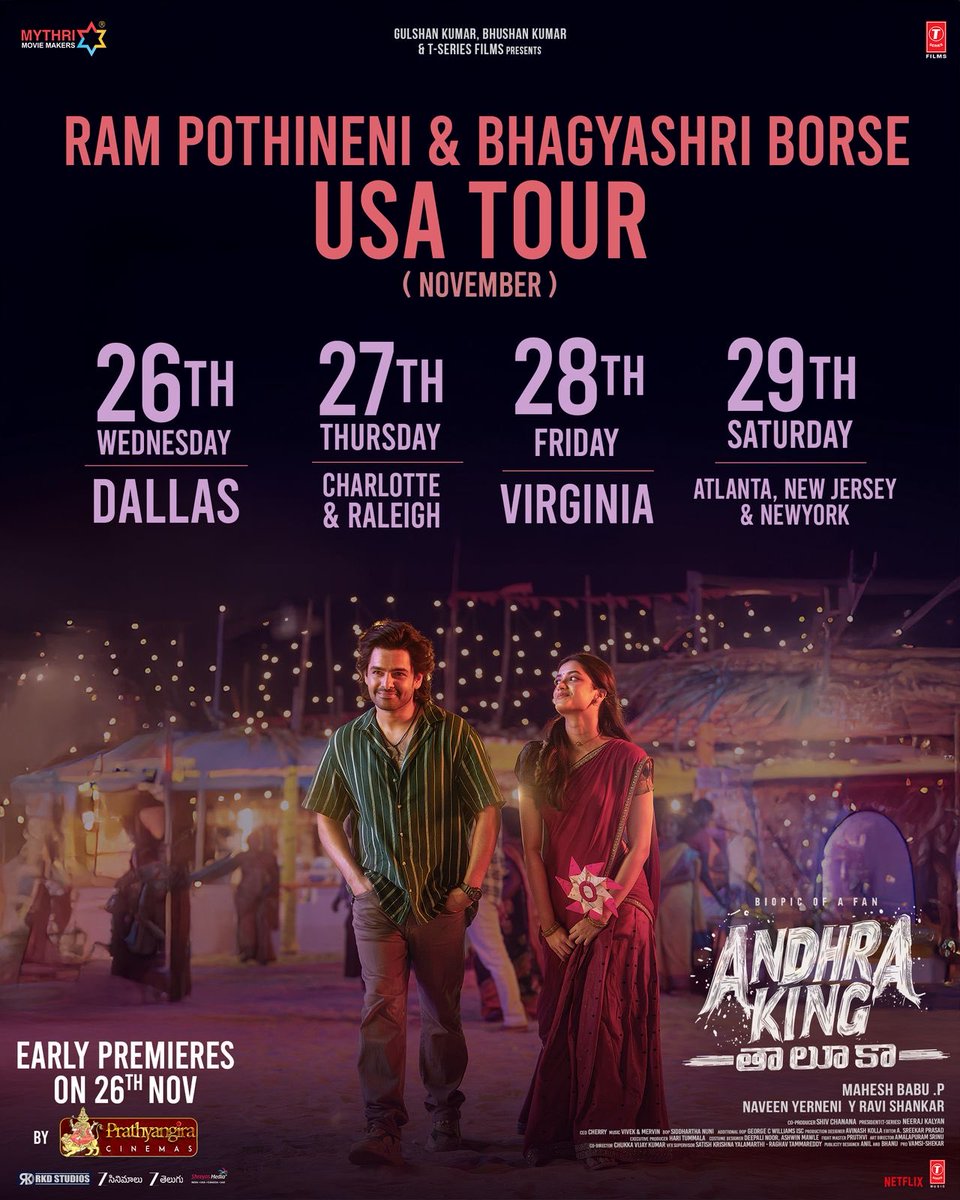 RAPOFanTrends's tweet photo. USA is all set to feel the energy ❤‍🔥

Meet and Greet our Energetic Star @ramsayz and Beautiful #Bhagyashriborse 🥰

26th Nov : DALLAS
27th Nov : CHARLOTTE & RALEIGH 
28th Nov : VIRGINIA 
29th Nov :  ATLANTA, NEW JERSEY & NEW YORK 

Premieres - Nov 26th

#AndhraKingTaluka #RAmPOthineni