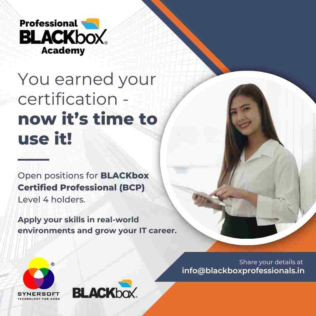 SynersoftTech's tweet image. BCP Level 4 Certified? Ready for career growth in IT Management &amp;amp; Data Protection?

Action: Email your certification details &amp;amp; resume to info@blackboxprofessionals.in Our team will follow up!

#BLACKbox #BCP #JobOpportunity #ITCareer #DataProtection #TechProfessionals