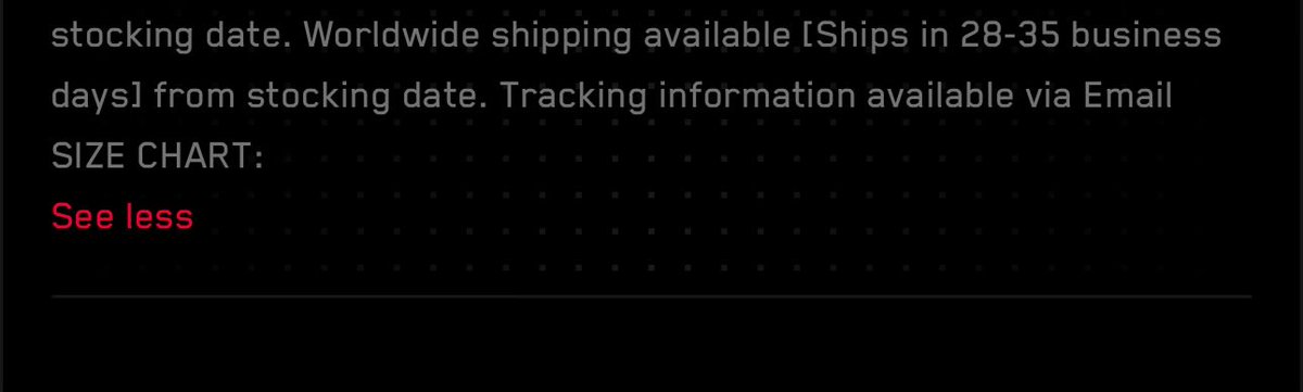 1chichyukim's tweet image. this is how the size chart looks like on my end before anyone says to check the website 😭