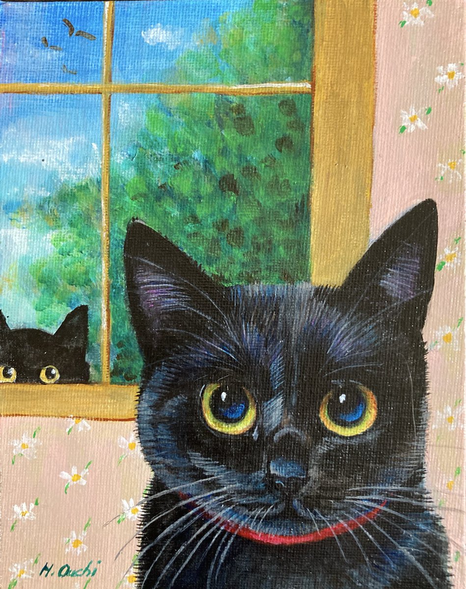 RT @gzlhiro: 覗く黒猫ちゃん🐈‍⬛ #猫の絵画 #黒猫 #アクリル絵の具