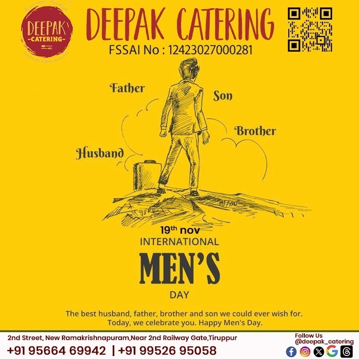 deepakchan92's tweet photo. 🤩Deepak Catering Wishes You a Happy Men’s Day!🥳

✔ A man who gives his best every day

✔ Today, we appreciate your strength and dedication

📞99526 95058

#DeepakCatering #MensDayCelebration #InternationalMensDay #RespectMen #MensRole #MenAreSpecial #TiruppurCatering https://t.co/8s9lm31Z05