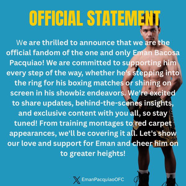 EmanPacquiaoOFC's tweet image. OFFICIAL STATEMENT 📣

#EmmanBacosaPacquiao #SupportLocal