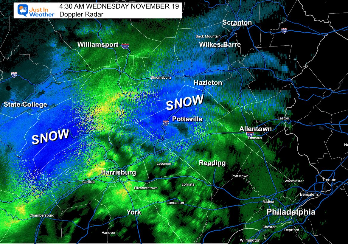 JustinWeather's tweet image. 4:30 AM Wed Nov 19 
👀 EARLY LOOK
❄️ Yes, there is snow in Central PA as expected. I found a few traffic cams around Williamsport to prove it. This is changing over along I-81 now and may be an issue through daybreak as colder air moves east.  

🚛 🚗 Still be extra way North of…