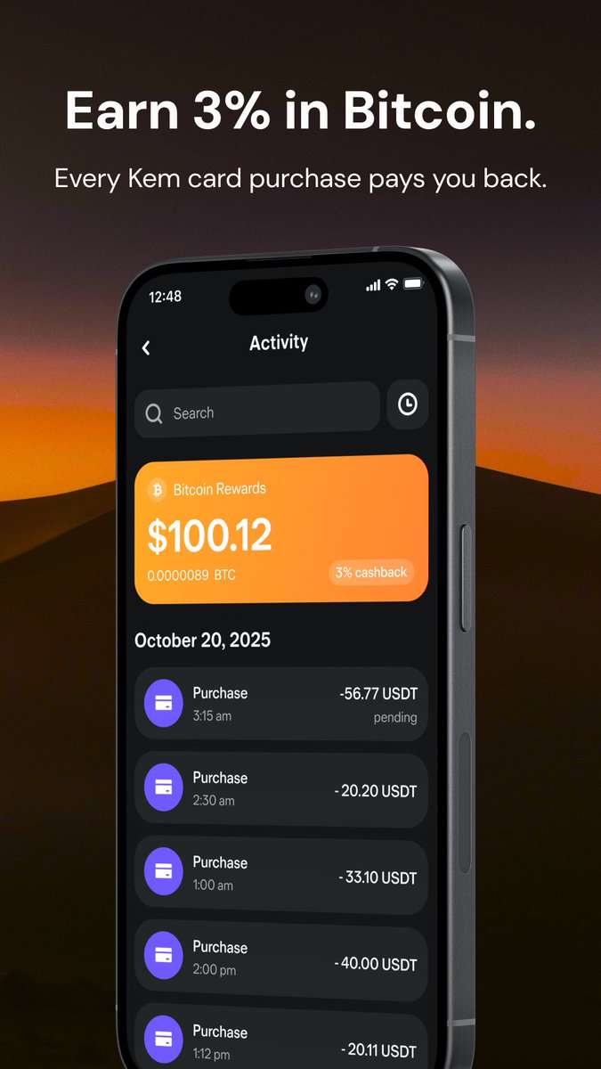 kem_app's tweet image. 🔥 Kem Card Bitcoin Cashback is LIVE!

🟠💳 Earn up to 3% cash back in ₿itcoin (BTC) on every Kem USDT mastercard transaction.
🟧Get Bitcoin every time you spend with your Kem card.

⚡️ Start earning instantly — get your Kem card in seconds on the Kem app and telegram 
📈…