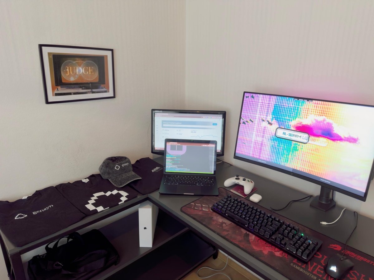 My room is slowly turning into a <a href="/gensynai/">gensyn</a> lab.

3 shirts, 1 cap, 3 screens, RL-Swarm running… 😎The Gensyn culture has literally become part of the decor. And honestly, I love it  it just keeps getting better.