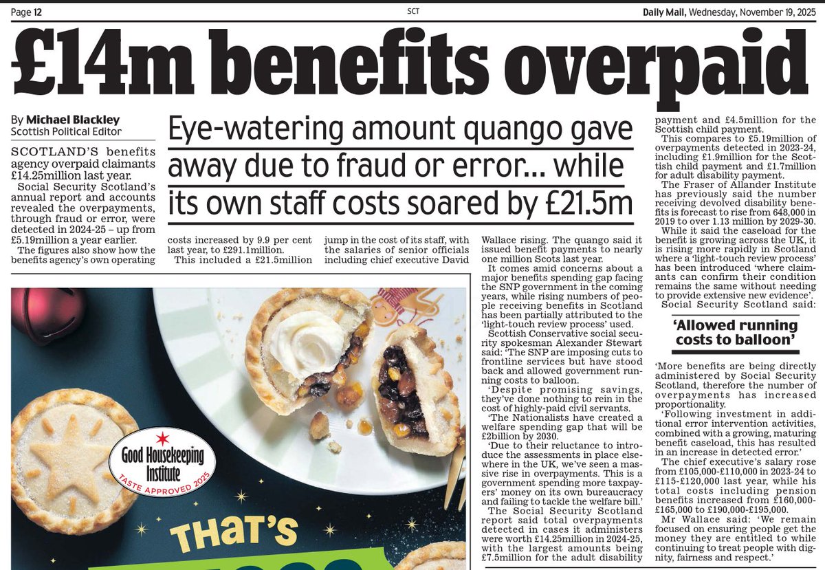 AgentP22's tweet image. Social Security Scotland overpaid £14m in benefits last year due to fraud and error — almost triple the previous year — while its own staff costs jumped by £21.5m

Scotland’s benefits agency isn’t just leaking taxpayers’ money, it’s spraying it around like confetti.