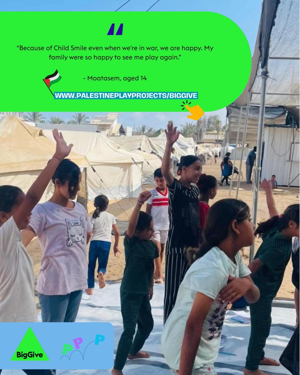 Help children play again in Palestine.

Support children like Moatasem.

Donate to our Big Give campaign NOW, and have your donation DOUBLED 💚

🖱️ Click here: donate.biggive.org/campaign/a05WS…

#Charity #Children #Playground #Education #Hope #Palestine #BigGive #SupportChildren #SafePlay