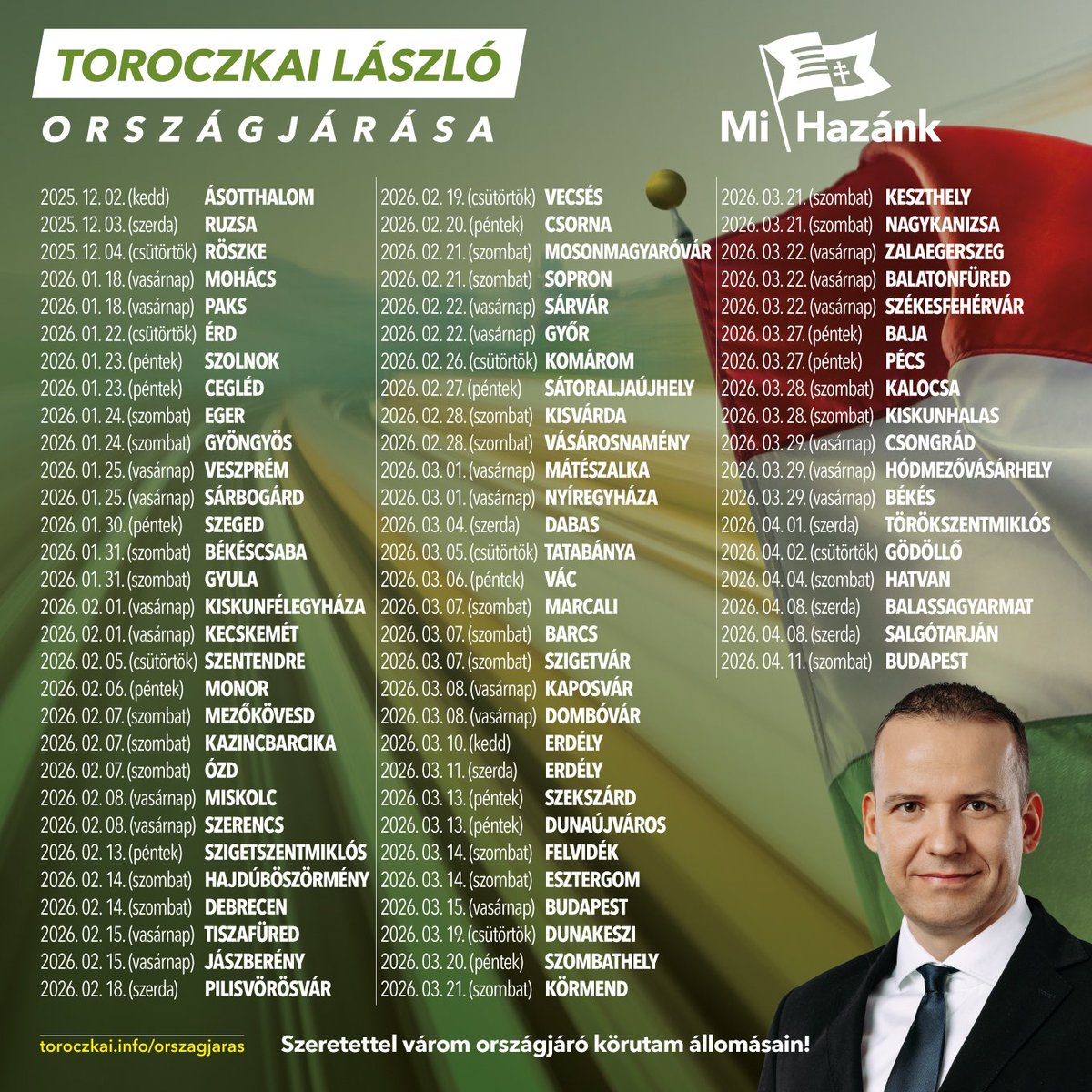 📣 INDUL AZ ORSZÁGJÁRÁSOM!

Mivel azonban ma már egy politikusi országjárást elsősorban a Facebook felületén szerveznek, hirdetnek, tudósítanak, ahol engem példátlan cenzúra sújt, kérem az Önök, a Ti segítségeteket. 

Kérem, hogy már most osszátok meg, terjesszétek minden