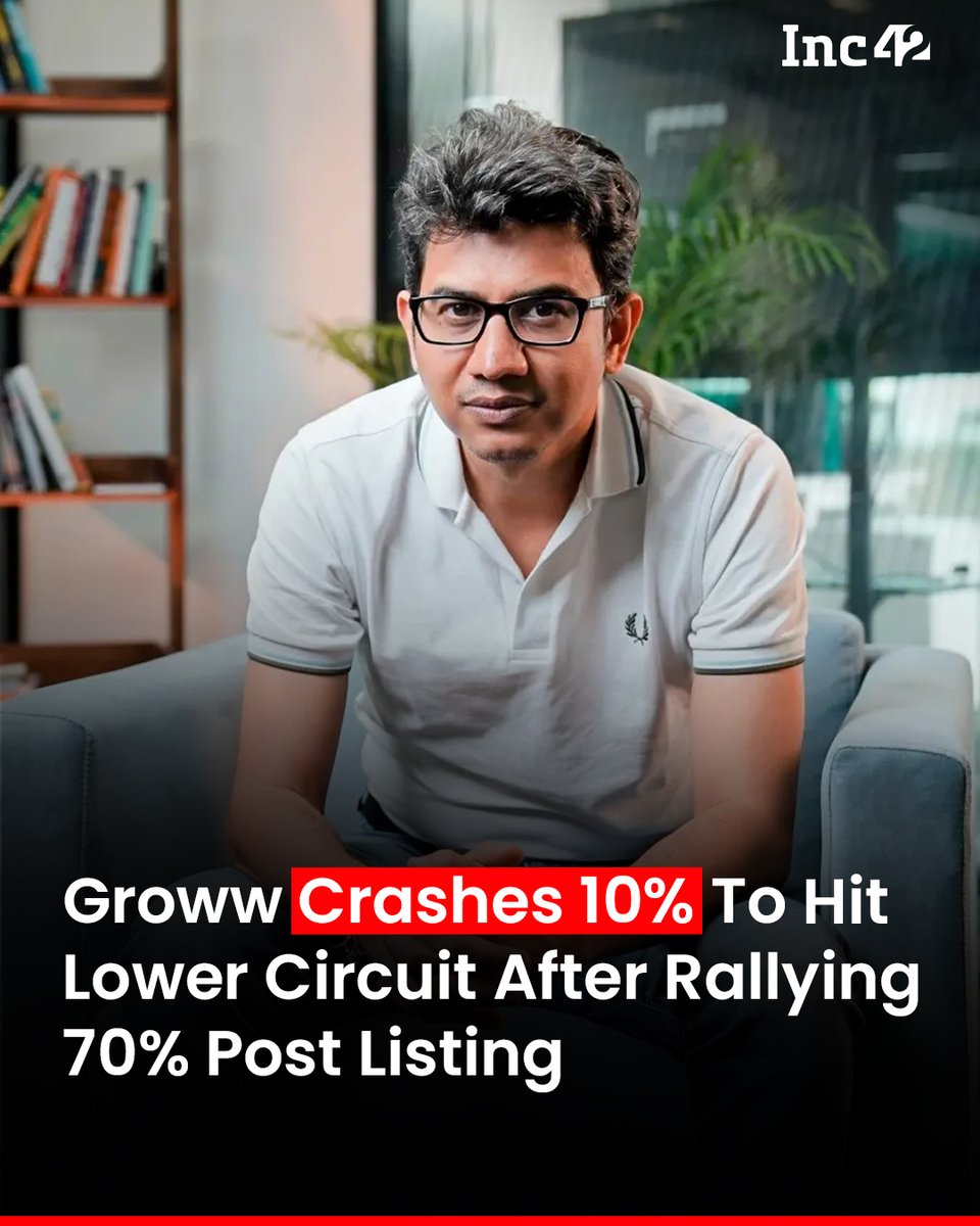 Inc42's tweet image. Shares of Groww parent, Billionbrains Garage Ventures Ltd, slumped 10% to hit the lower circuit at INR 169.94 on the BSE today.👇

The stock saw its first decline after a stellar run in the first five sessions, during which it nearly doubled from its issue price. The company made…
