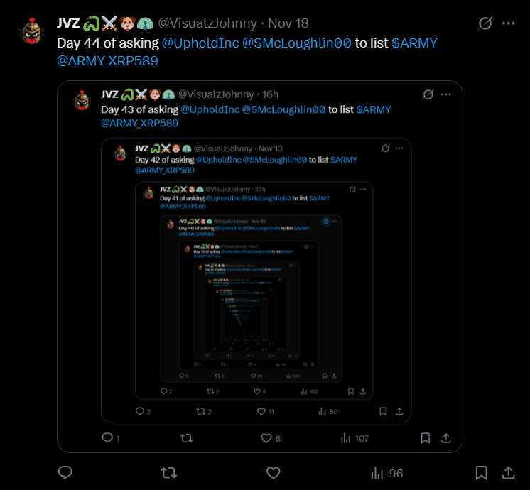 Day 45 of asking <a href="/UpholdInc/">Uphold</a> <a href="/SMcLoughlin00/">Simon McLoughlin</a> to list $ARMY <a href="/ARMY_XRP589/">$ARMY</a>