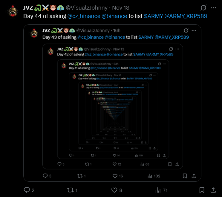 Day 45 of asking <a href="/cz_binance/">CZ 🔶 BNB</a> <a href="/binance/">Binance</a> to list $ARMY <a href="/ARMY_XRP589/">$ARMY</a>