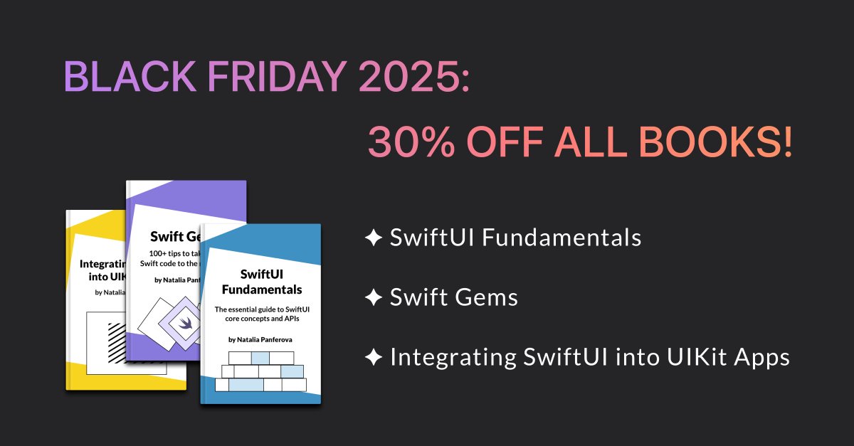 natpanferova's tweet image. My Black Friday book sale has started! All of my Swift and SwiftUI books are now 30% off!

Find out more: books.nilcoalescing.com
