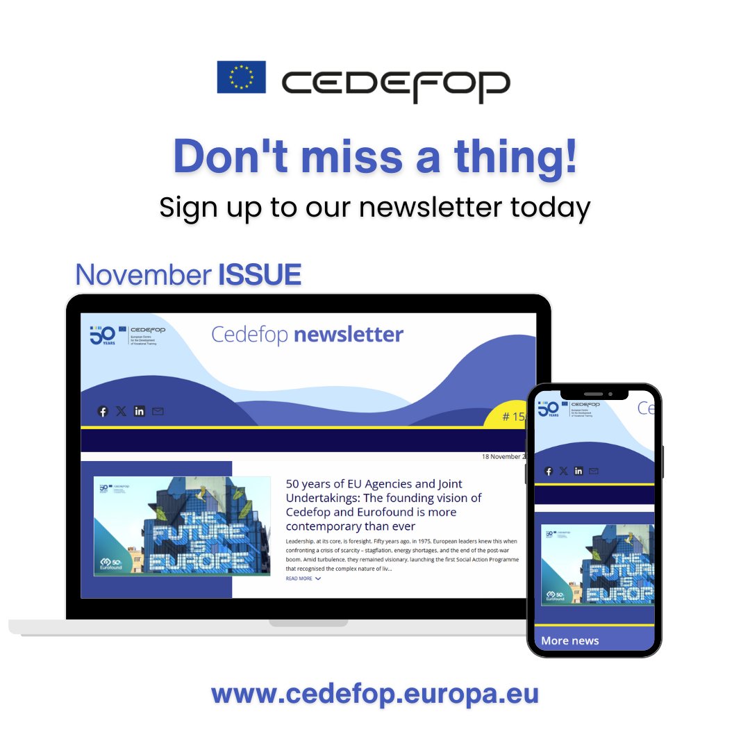 Cedefop's tweet image. 📬 New month, new insights!

The November Cedefop newsletter dives into Europe’s skills shifts, EU agencies’ 50-year journey, fresh research on apprenticeships &amp;amp; jobs and key events coming up.

🔗 Full issue: cedefop.europa.eu/en/newsletters…

#Cedefop50 #VET #SkillsDevelopment
