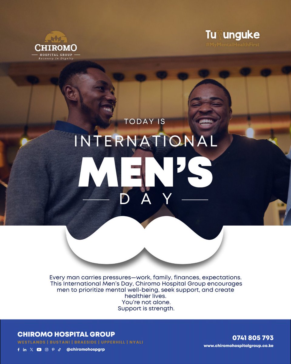ChiromoHospGrp's tweet photo. Many men navigate pressures in silence.

This International Men’s Day, we’re reminding you that your mental health matters.
Take a moment. Reach out. Seek help.

Support is Strength

#InternationalMensDay
#MentalHealthMatters
#MyMentalHealthFirst
#YourMentalHealthFirst
#Tufunguke https://t.co/9Ih3dj1MoU
