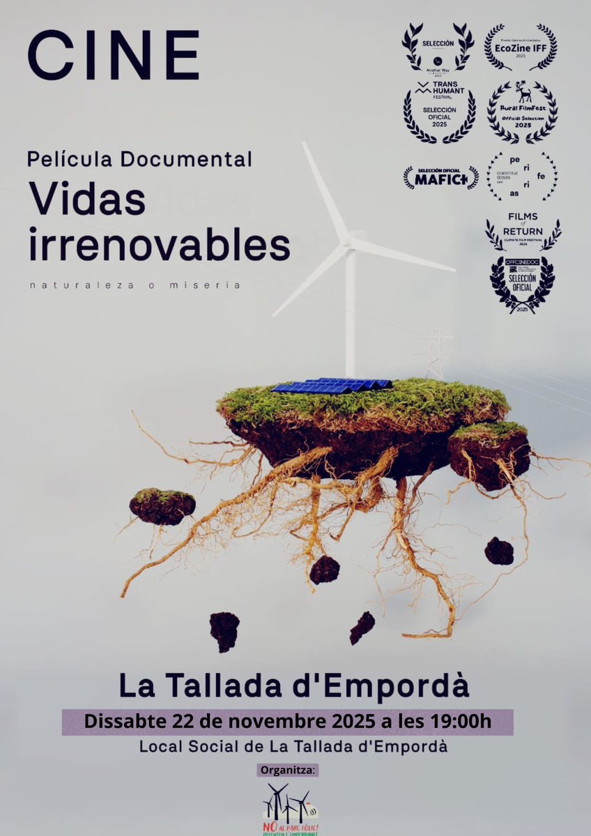 📢Us deixem aquesta informació que ens han fet arribar els nostres companys de #DefensemLEmpordanet i que pensem que pot ser del vostre interès👇

🎥Projecció del documental “Vidas irrenovables" de Francisco J.Vaquero
🗓️22 novembre
⏰19 h
📍Local Social de La Tallada d’Empordà