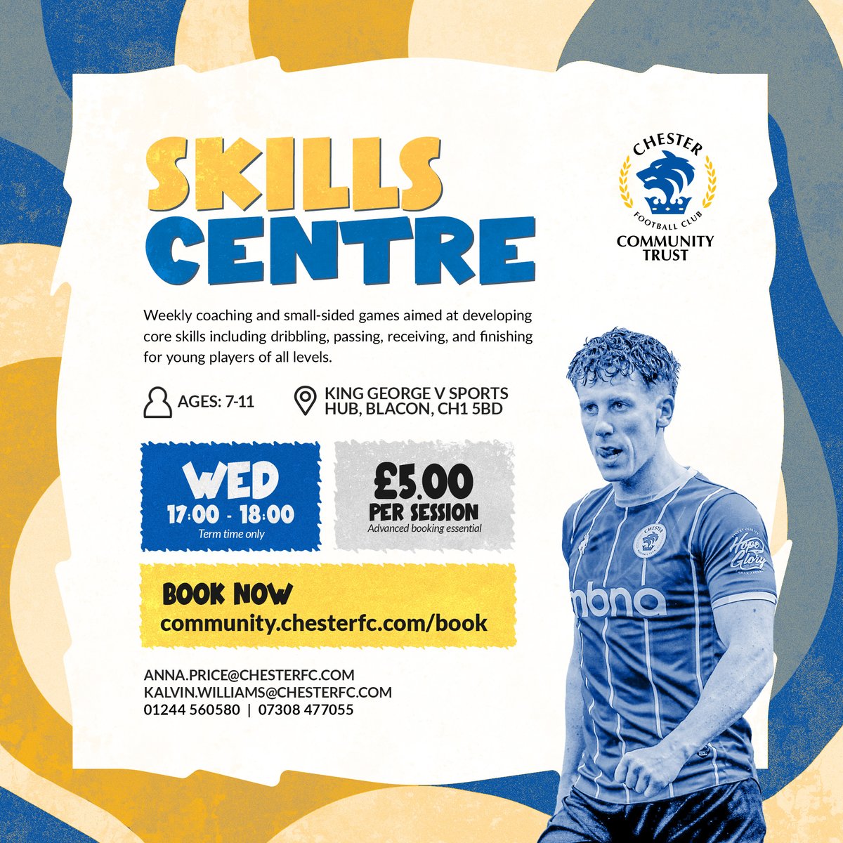 CFC_CommTrust's tweet image. 𝗖𝗵𝗲𝘀𝘁𝗲𝗿 𝗙𝗖 𝗦𝗸𝗶𝗹𝗹𝘀 𝗖𝗲𝗻𝘁𝗿𝗲 ⚽

Do you know a young footballer who is keen to develop their game? These fun weekly coaching sessions for all abilities and levels focus on core skills including:

🔥 Dribbling
🎯 Passing
🚀 Shooting
💪 Confidence-building

📱…
