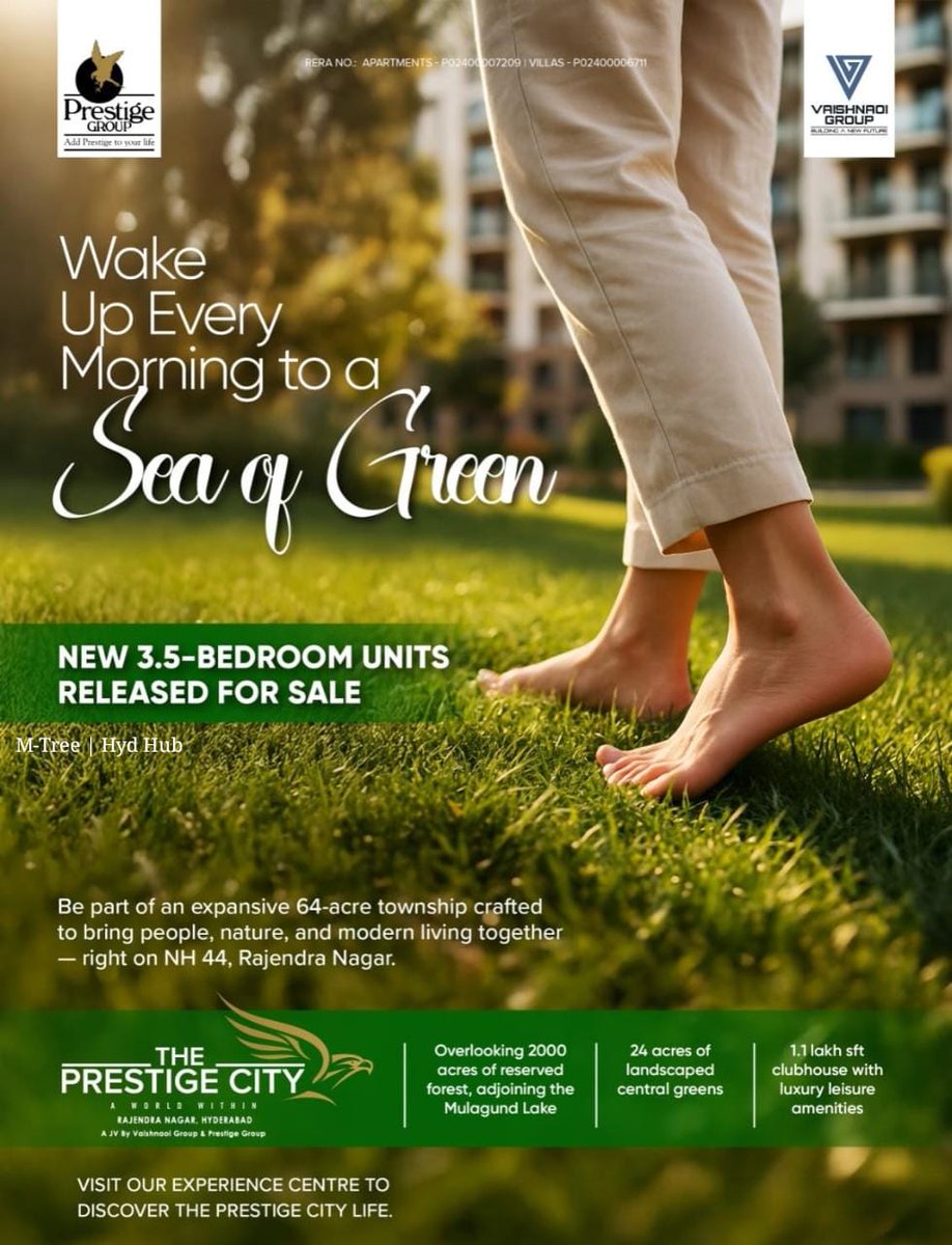 tree_hyd33692's tweet image. The Best Enduse Homes in an Largest Integrated Township of Hyd - The Prestige City from Prestige &amp;amp; Vaishnaoi Group.

New 3.5 bhk Units released for sale - To explore full details of project,whatsApp at : wa.me/message/B7QFGE…

M-Tree | Hyd Hub | Prestige &amp;amp; Vaishnaoi Group…