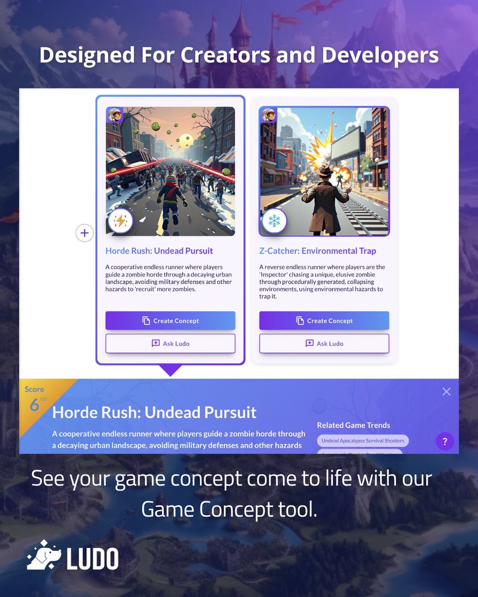 Tools like Midjourney &amp; Scenario power creativity, but Ludo.ai is built for game devs. Combine text &amp; image generation with real-time market insights. With new updates to Sprite Generator &amp; Game Concept Tool, Ludo is your all-in-one dev suite.
#LudoAI #AI #GameDev
