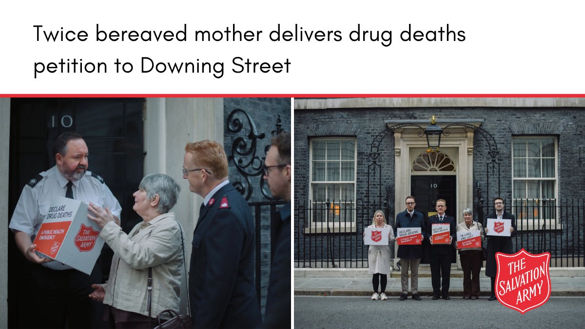 salvationarmyuk's tweet image. 18 people die each day due to drugs. This is a growing crisis in the UK. We’re at No 10 Downing Street today to deliver our petition signed by thousands calling for the government to declare this crisis a public health emergency. Find out more: salvationarmy.org.uk/news/twice-ber…