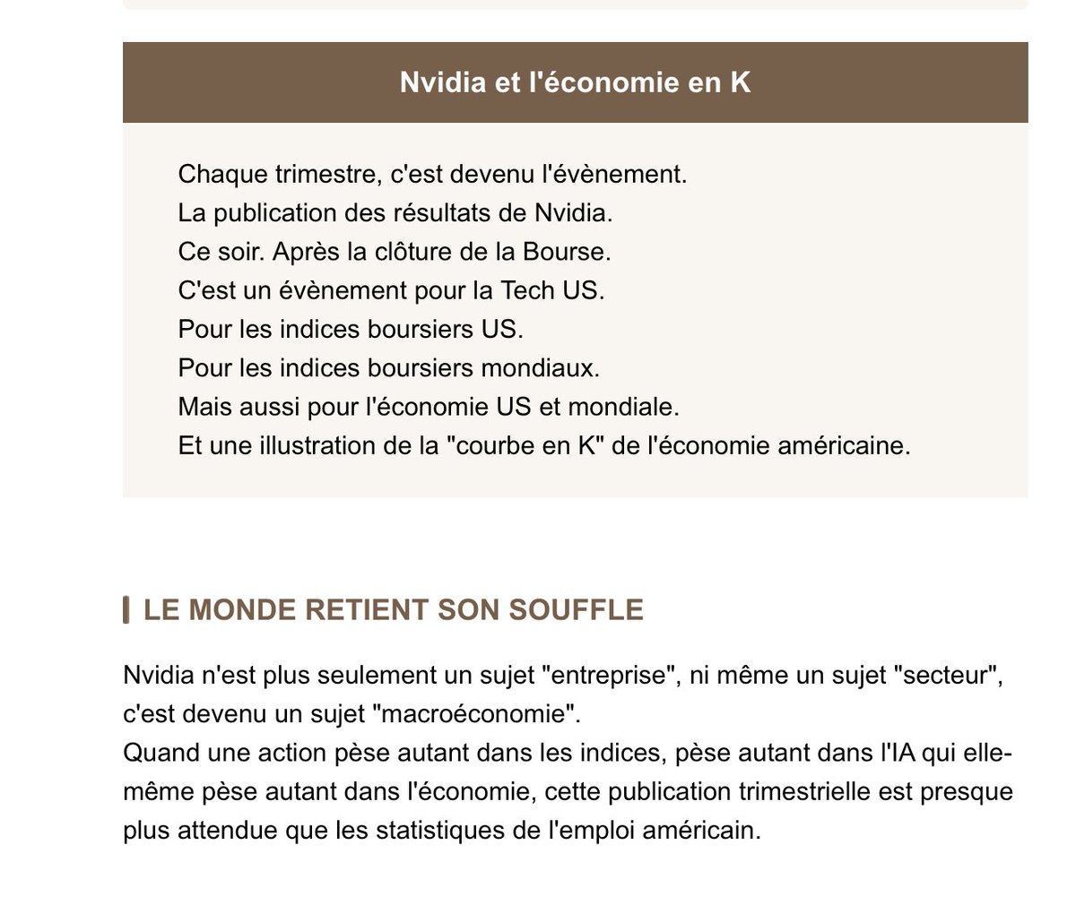 Dans l’édito quotidien du croustillant ⁦<a href="/marcfiorentino/">Marc Fiorentino</a>⁩ 

Mais on ne va pas non plus faire un psychodrame des résultats trimestriels de Nvidia. 

Ca ne changera rien sur le plan fondamental mais, certes, ça jouera sur la psychologie CT du marché.

Pour moi c’est un WTF