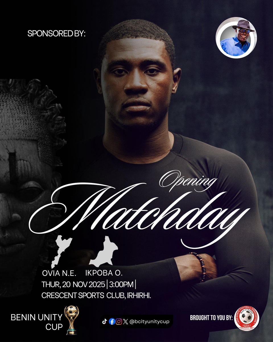 edostate_fa's tweet image. OPENING MATCHDAY FIXTURE

Ovia North East 🆚 Ikpoba Okha 

🕒 3PM

🗓️ Thursday 20th, November 2025.

🏟️ Crescent Sport Club, Benin city. 

#BeninUnityCup25byNeda
#SenatorNedaImasuen
#EdoSouthSenatorialDistrict
#UnityThroughSports