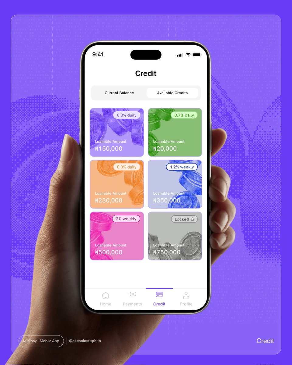 OkesolaAyomide's tweet image. Credit Types Screen  on Kudipay ⚡️

I refined the structure to make borrowing available credit plans clearer, more transparent and easier to explore.

Which credit option would you try first? 👀

#ProductDesign #FintechDesign #UIDesign #UserExperience #DesignFlow #AtoZ #LetterK