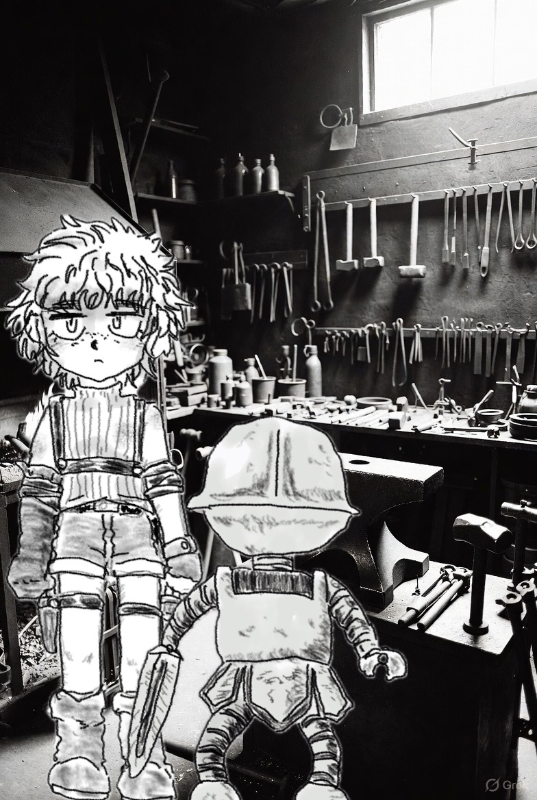 #ローグライクハーフ
主人公のからくり術師の職業が追加されました。
ゴーレムを作り出して従者として使う職業らしいですね？
魔法で産み出すというより機械的な感じ？
こんな風でよいのかしらん、、、

ちなみに背景はグロックさん生成