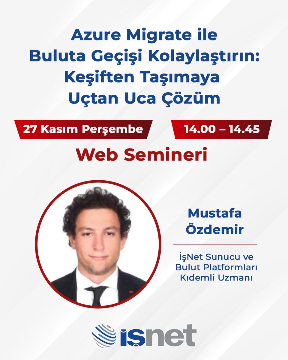 isnet_TR's tweet image. BT altyapınızı Azure&apos;a taşımak mı istiyorsunuz?

BT altyapılarınızı Microsoft Azure’a taşımayı kolaylaştıran Azure Migrate çözümünün, uçtan uca geçiş adımlarını ve sağladığı avantajlarını konuşacağımız web seminerimize davetlisiniz.

Şimdi kayıt olun!

isnet.webex.com/weblink/regist…