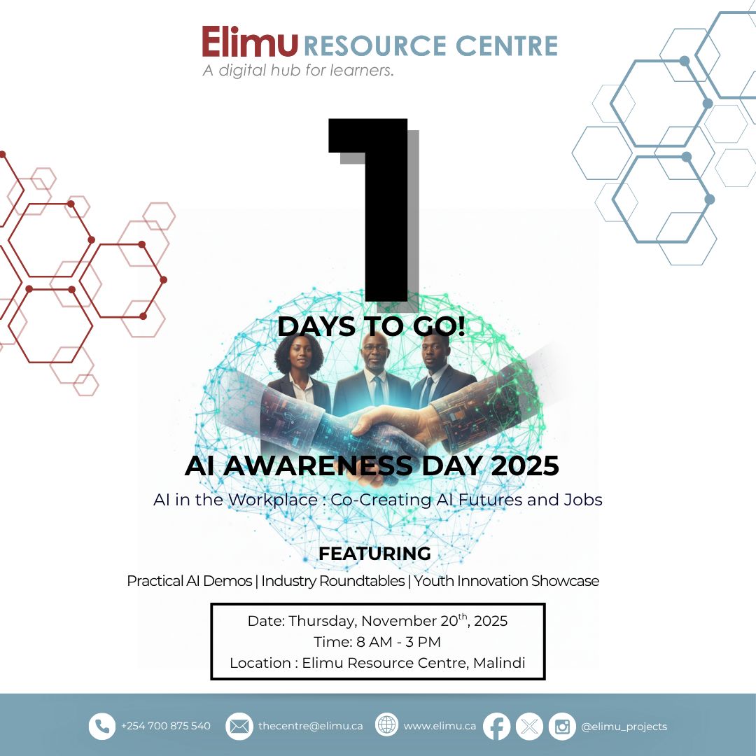 elimu_projects's tweet image. Only 1 day remaining until AI Awareness Day! Join us for an insightful discussion on the role of Artificial Intelligence in driving Kilifi’s economic growth and innovation. #AIAwarenessDay #KilifiEconomy #Innovation