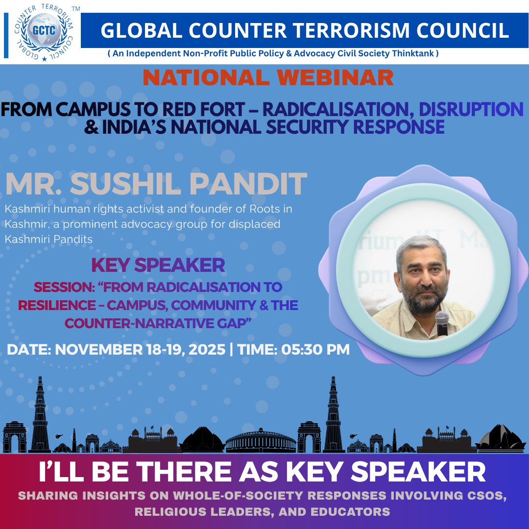 Honoured to host Sushil Pandit, Kashmir Affairs Expert, as Key Speaker in:
Session 3 (Day 2): From Radicalisation to Resilience – Campus &amp; Community

  🕒 4:30–5:30 PM | Nov 19
🔗 Register: lnkd.in/g-Fy2y9Y

#GCTC #SushilPandit #Kashmir #Radicalisation #NationalSecurity