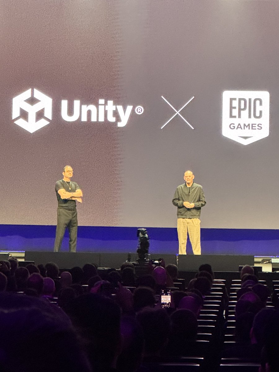 Dilmerv's tweet image. Unity and Unreal CEO’s in the same stage, pretty amazing to see a collaboration between the biggest game engines in the world. This is incredible!

🔥Unity developers will be able to publish games directly into Fornite starting next year! 

Well done @TimSweeneyEpic &amp;amp; @MBromberg…