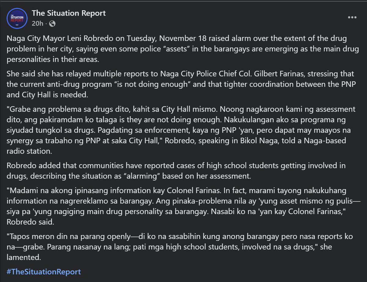 janwriter_'s tweet photo. “If Marcos Jr. had drug issues, why wasn’t he targeted by Duterte’s drug war?”

Same reason Leni herself couldn’t just storm into her own barangays and arrest the important personalities she knew were involved.

Even she admitted the drug problem in her city ran through the barangays, the police, and her own local structures and she still couldn’t move abruptly because the system itself is deeply entrenched and resistant.

If Leni couldn’t confront that kind of mess in a single city where she had full authority, then it’s obvious why a president can’t instantly penetrate elite protection networks that have existed nationally for generations.

The limitation is the very architecture of the Philippine state.