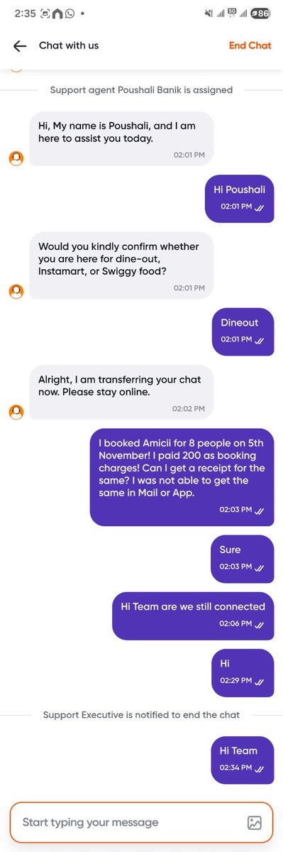 Avinashkn's tweet photo. @SwiggyCares I wanted help with invoice, no response from chat and the worst part I cannot even End Chat. https://t.co/euSnc904jU