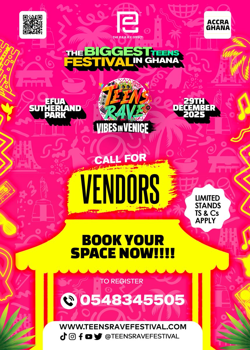 VENDORS, THIS IS YOUR MOMENT! 
Showcase your brand to thousands of energetic teens and young adults, and get ready to shine.
Tap into Ghana’s biggest teen crowd limited stands, don’t sleep!

CALL NOW: 0548345505

#teensrave #VibesInVenice #youth