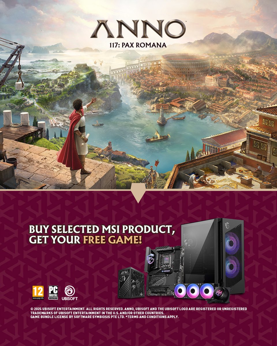 MSITweetsZA's tweet image. ⏳Anno 117: Pax Romana #GameBundle is here – limited time! Get a FREE game with a selected MSI motherboard, PC case, liquid cooler, or power supply.  Purchase: Nov 13 – Dec 13, 2025 | Redeem: Nov 27, 2025 – Jan 10, 2026 🔥Grab Now: africa.msi.com/Promotion/anno… #MSI #Anno117PaxRomana