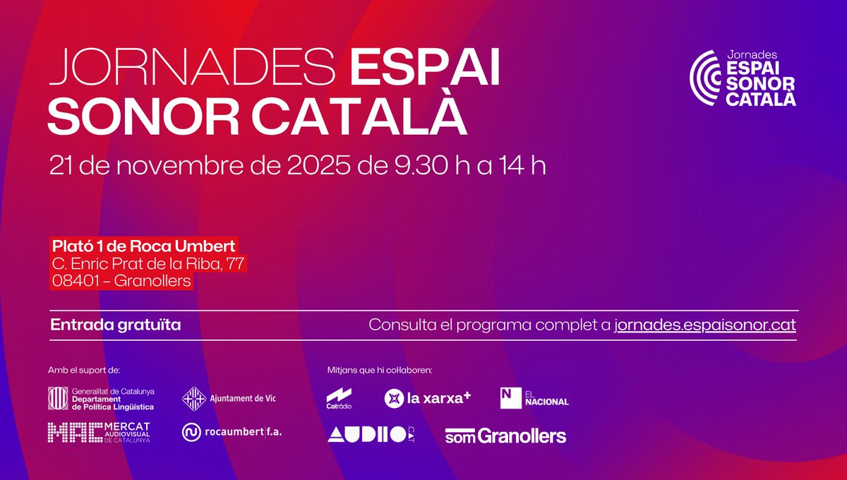 📣 <a href="/rocaumbertfa/">Roca Umbert Fàbrica de les Arts</a> participem a <a href="/espaisonor/">Associació Espai Sonor Català</a>.
Matinal per parlar del present i futur de l’àudio en català.
Conferències | Taules rodones | Networking
🎟️ Entrada gratuïta.
 📍Granollers.