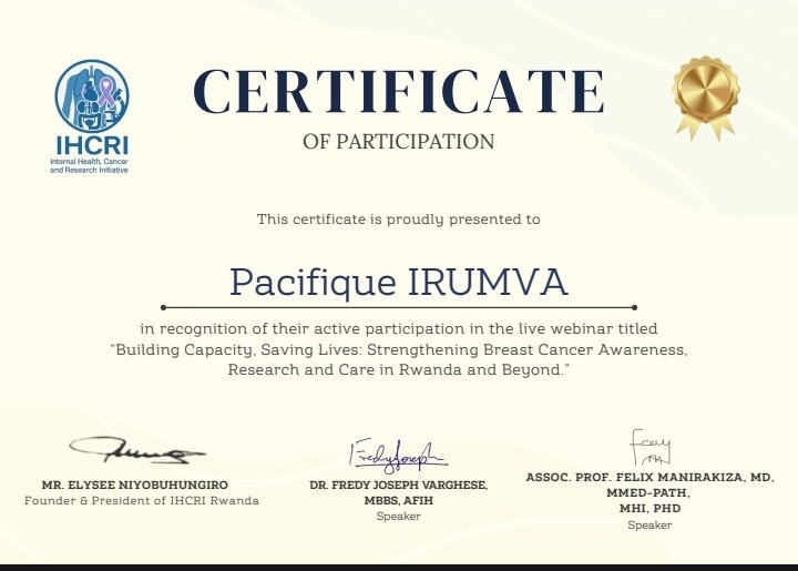 IrumvaPaci63130's tweet photo. @IHCRI_Rwanda @Uni_Rwanda @HospitalChuk @RBCRwanda @RwandaHealth @acreolglobal @RwandaNCDA @mnls_nke @HDIRwanda @Rotary @DrElysee17 @Sam_Cartierr Was great honor to attend this online workshop organized and hosted by @IHCRI_Rwanda entitled in building capacity, saving lives. Strengthening breast cancer awareness. Research and care in Rwanda and beyond". This is meaningful foundation to the journey of fighting breast cancer https://t.co/pGJ6mdrJ64