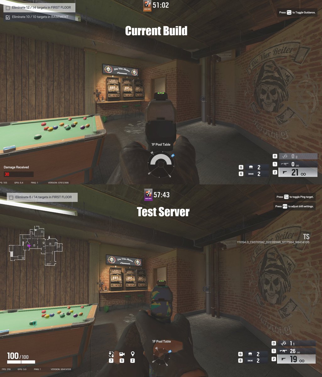 ShellRazor44's tweet image. One change that is interesting is the operators holding their guns further away. You can see here the amount of space the current build takes up vs the test server. Small change, but better visibility. #R6SX #R6S #RainbowSixSiege @Rainbow6Game