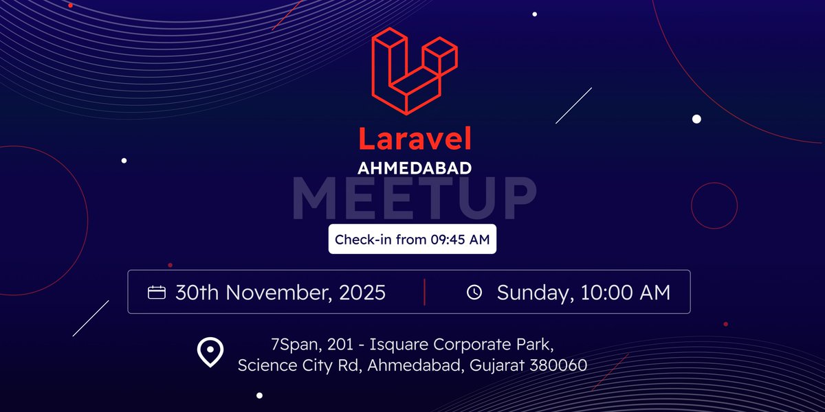 LaravelAhm's tweet image. ✨ Join us at the Laravel Ahmedabad Meetup – Nov 2025!

📅 30 Nov, 10 AM
🕘 Check-ins: 9:45 AM
📍 7Span, Ahmedabad

A great chance to learn, share, and connect with the Laravel &amp;amp; PHP community.

🔗 Register: h-9.cc/laravel-ahm-no…

@laravelphp @LaraconIN #LaravelAhmedabad